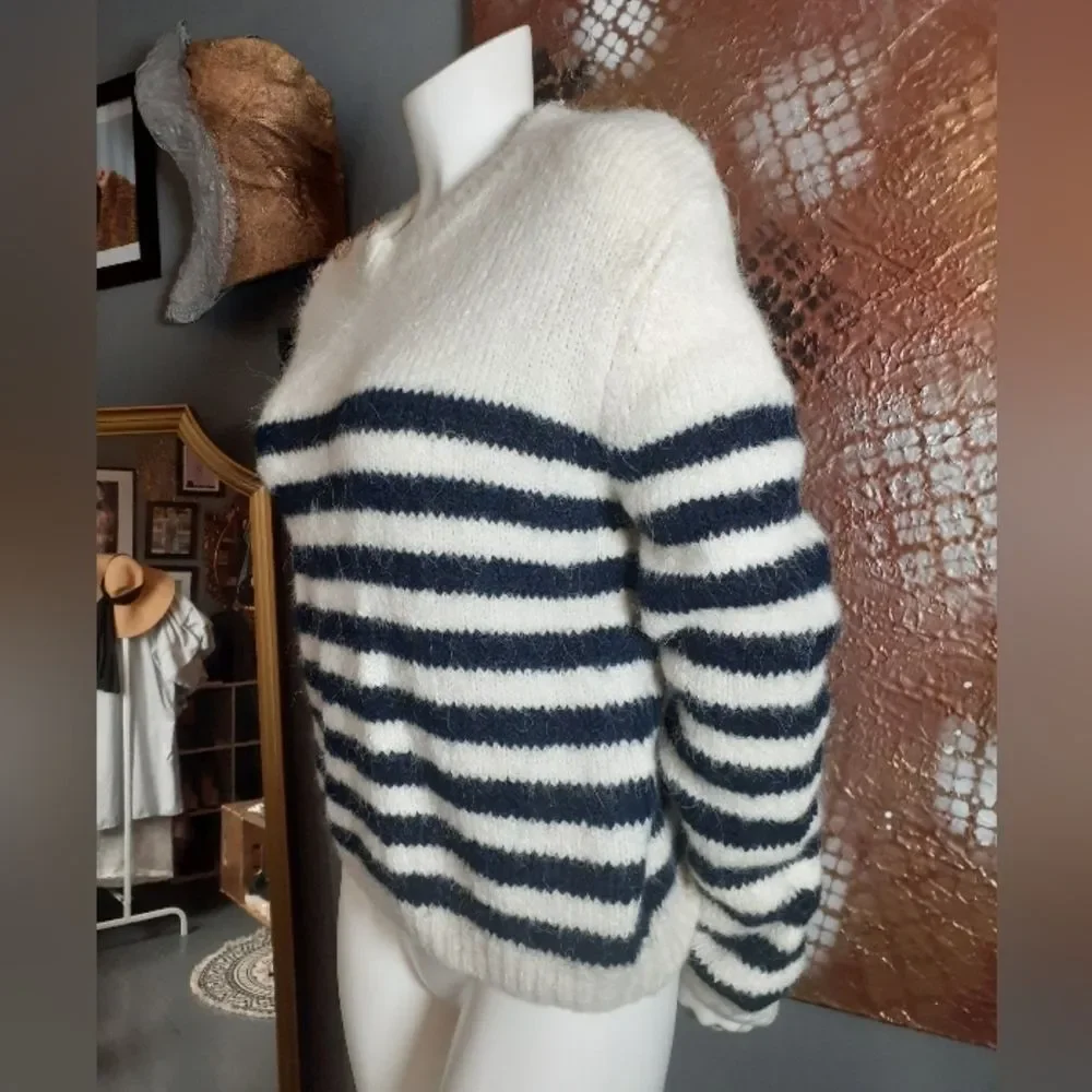 Nwot Zara Wool Blend Cream And Navy Striped Sweater - Picture 6 of 14